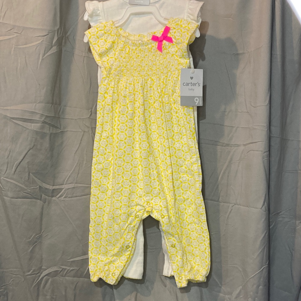 2 pack Carter's Yellow Romper with Pink Accent and White Romper w/yellow Accent